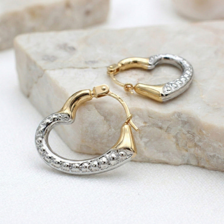 9K Yellow Gold Two Colour 14mm X 17mm Textured Heart Creole Earrings 7189210 2