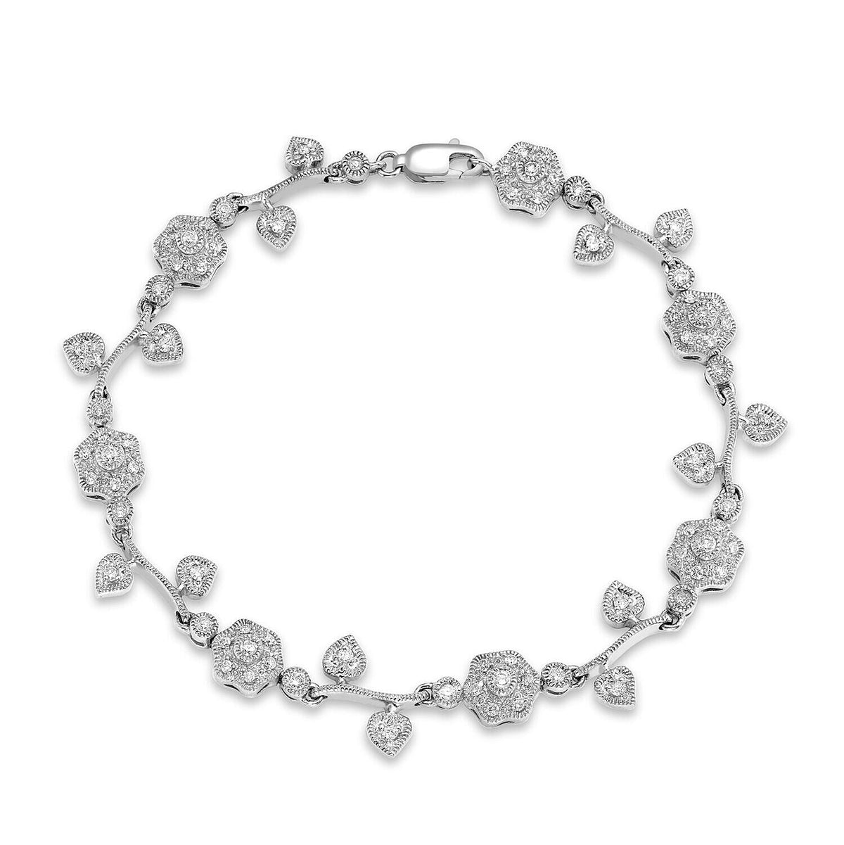 9K White Gold 1 Ct Diamond Flower and Leaf Bracelet 7.85 Inch 7327898 0
