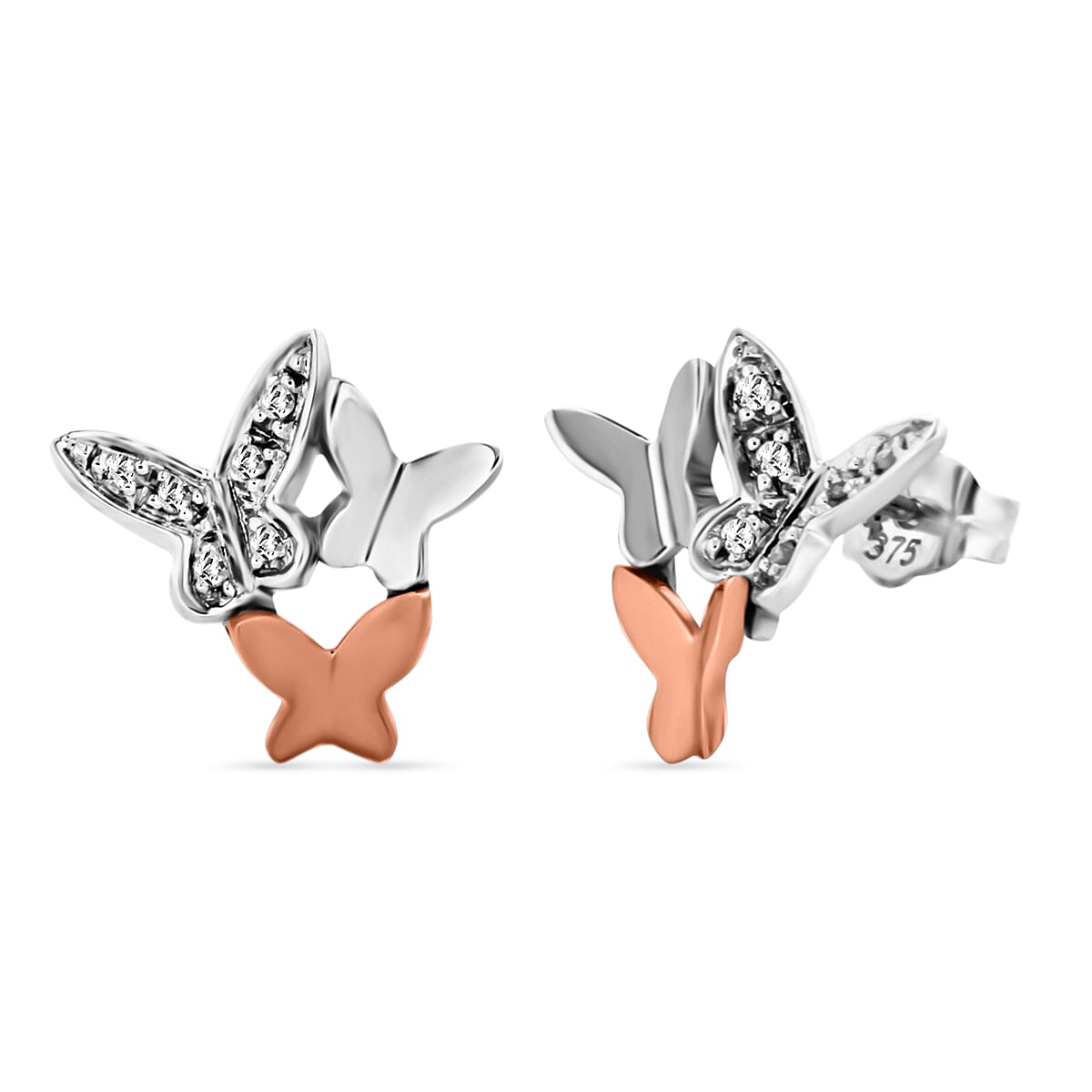 9K Two Colour Gold 0.05ct Diamond 13.5mm x 13mm Butterfly Cluster Stud Earrings 7341452 0