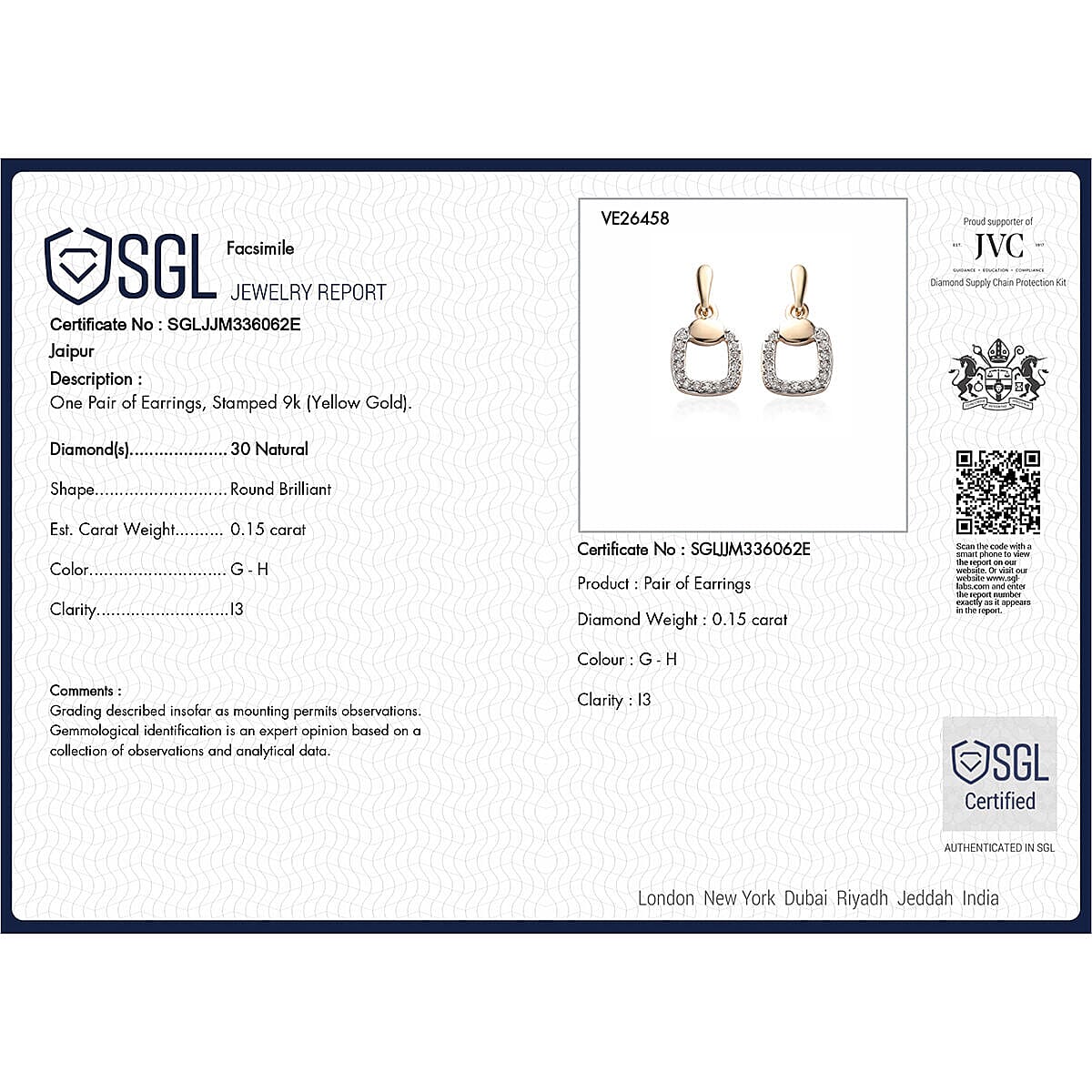 9K Yellow Gold SGL Certified Diamond (I3 - G-H) Stud Earrings (with Push Post) 0.15 Ct. 7371647 4