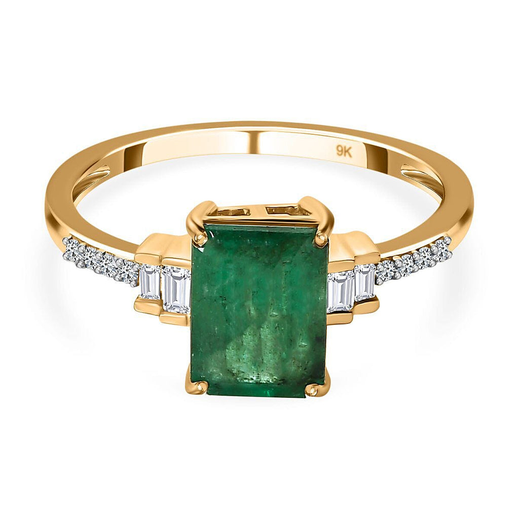 9K Yellow Gold Zambian Emerald and Diamond Ring 1.43 Ct.