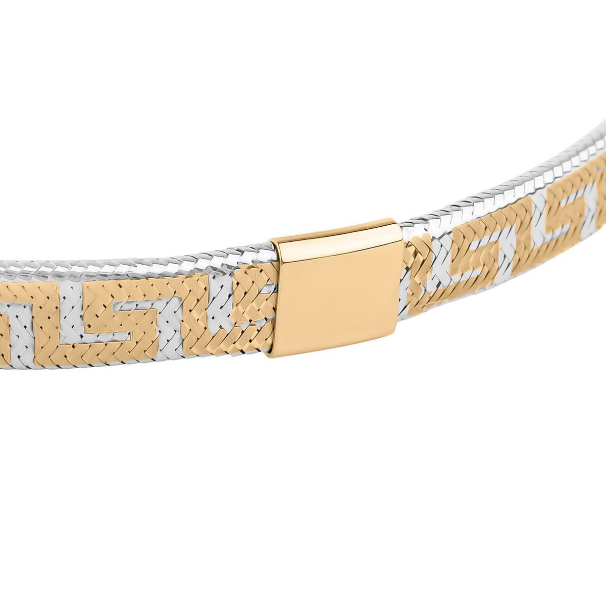 9K Yellow &amp; White Gold 5.7MM Greek Key Mesh Stretchable Bracelet 7.5 Inch 8416242 5