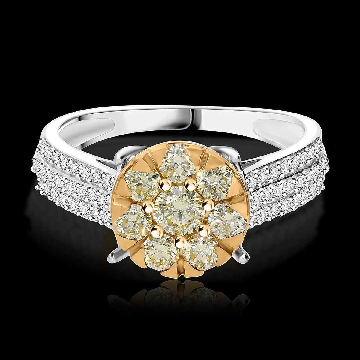 Natural Yellow Diamond and White Diamond Floral Ring in 9K Yellow and White Gold 7987931 1