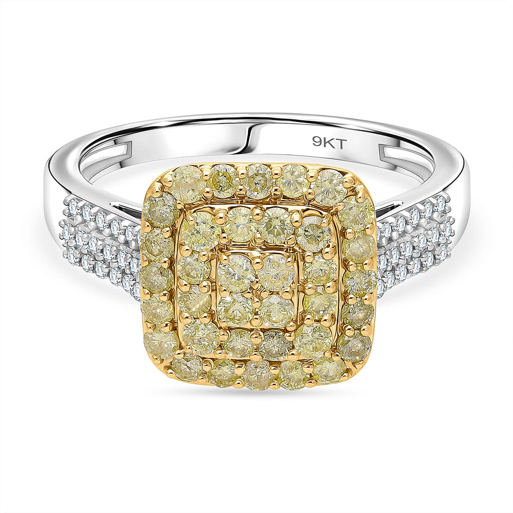 SGL Certified - Natural Yellow Diamond & White Diamond Cluster Ring in 9K Yellow & White Gold 1.00 Ct.