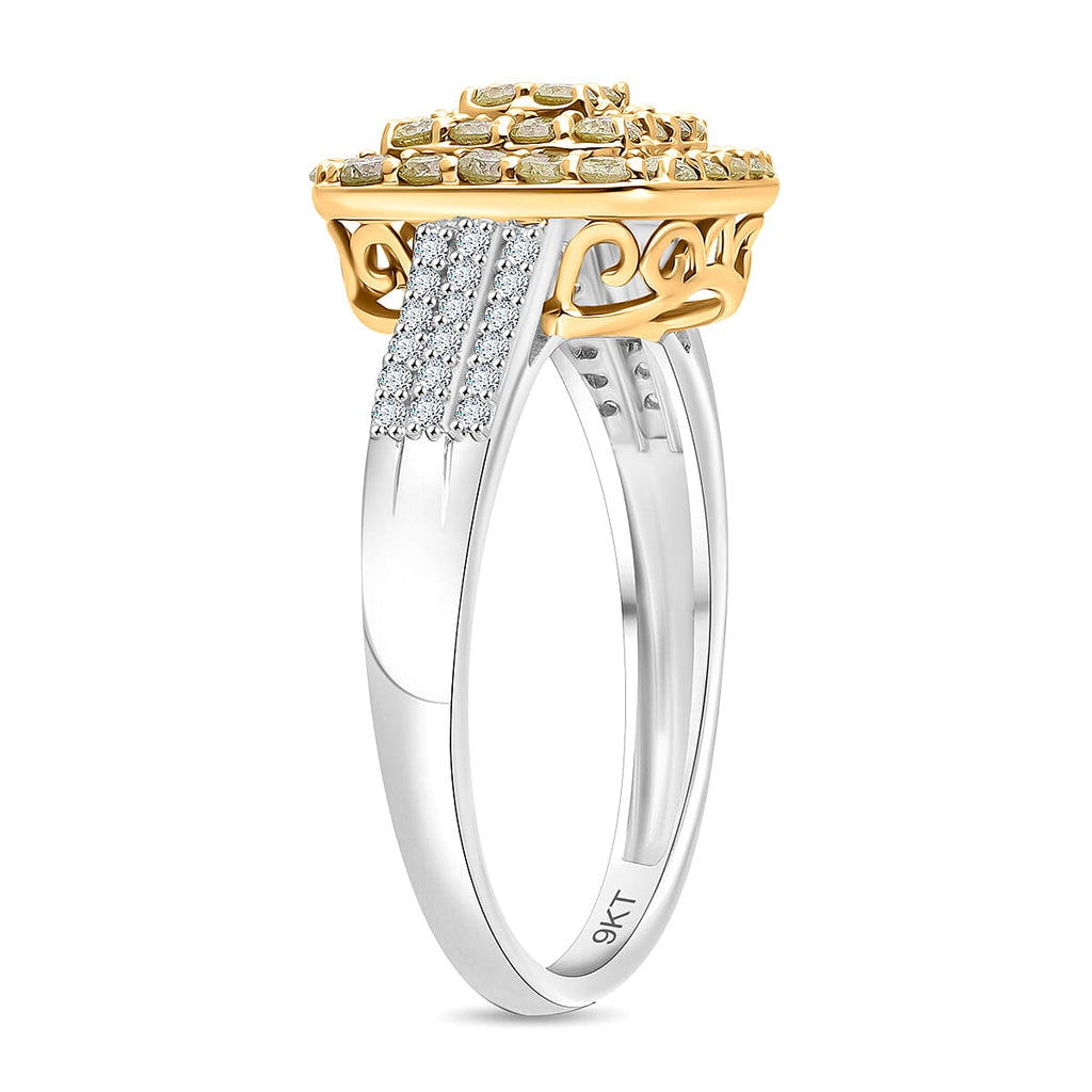 SGL Certified - Natural Yellow Diamond & White Diamond Cluster Ring in 9K Yellow & White Gold 1.00 Ct.
