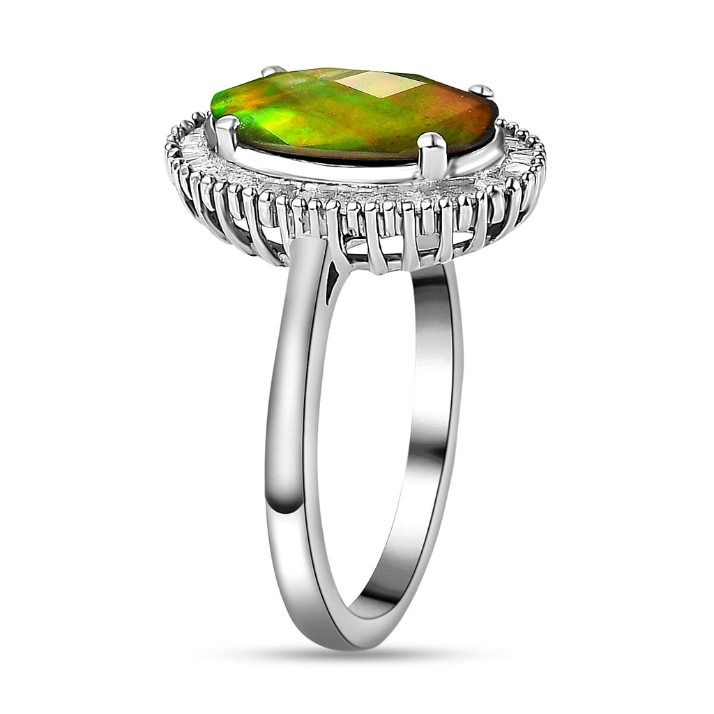 Ammolite and Diamond Ring in Platinum Overlay Sterling Silver 2.46 Ct.