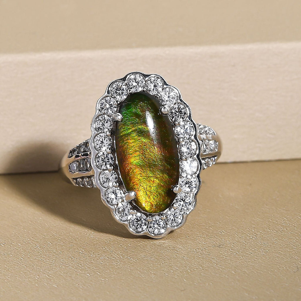 Ammolite and Natural Zircon Ring in Platinum Overlay Sterling Silver 3.95 Ct.