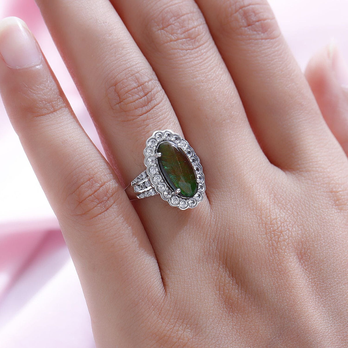 Ammolite and Natural Zircon Ring in Platinum Overlay Sterling Silver 3.95 Ct. 7043374 3