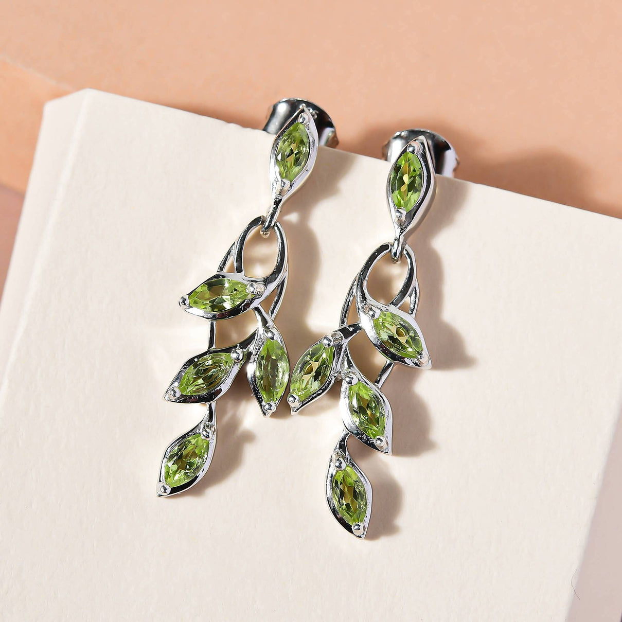 D'Joy - Hebei Peridot Leaf Vine Dangling Earrings with Push Back in Platinum Overlay Sterling Silver 1.63 Ct. 3678853 2