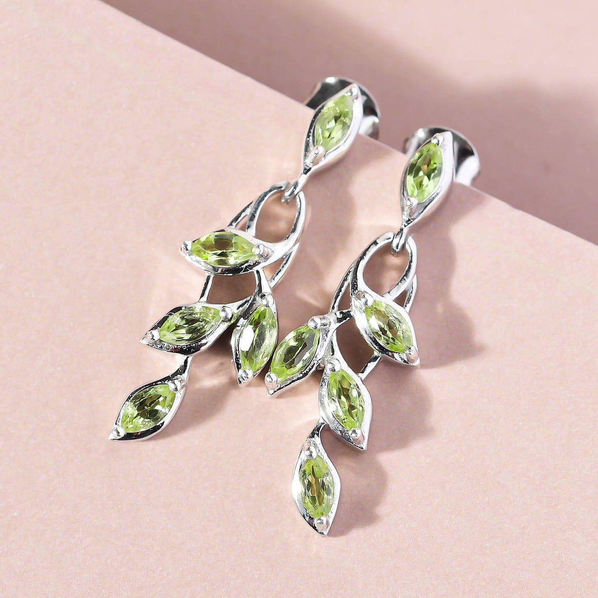D'Joy - Hebei Peridot Leaf Vine Dangling Earrings with Push Back in Platinum Overlay Sterling Silver 1.63 Ct. 3678853 3