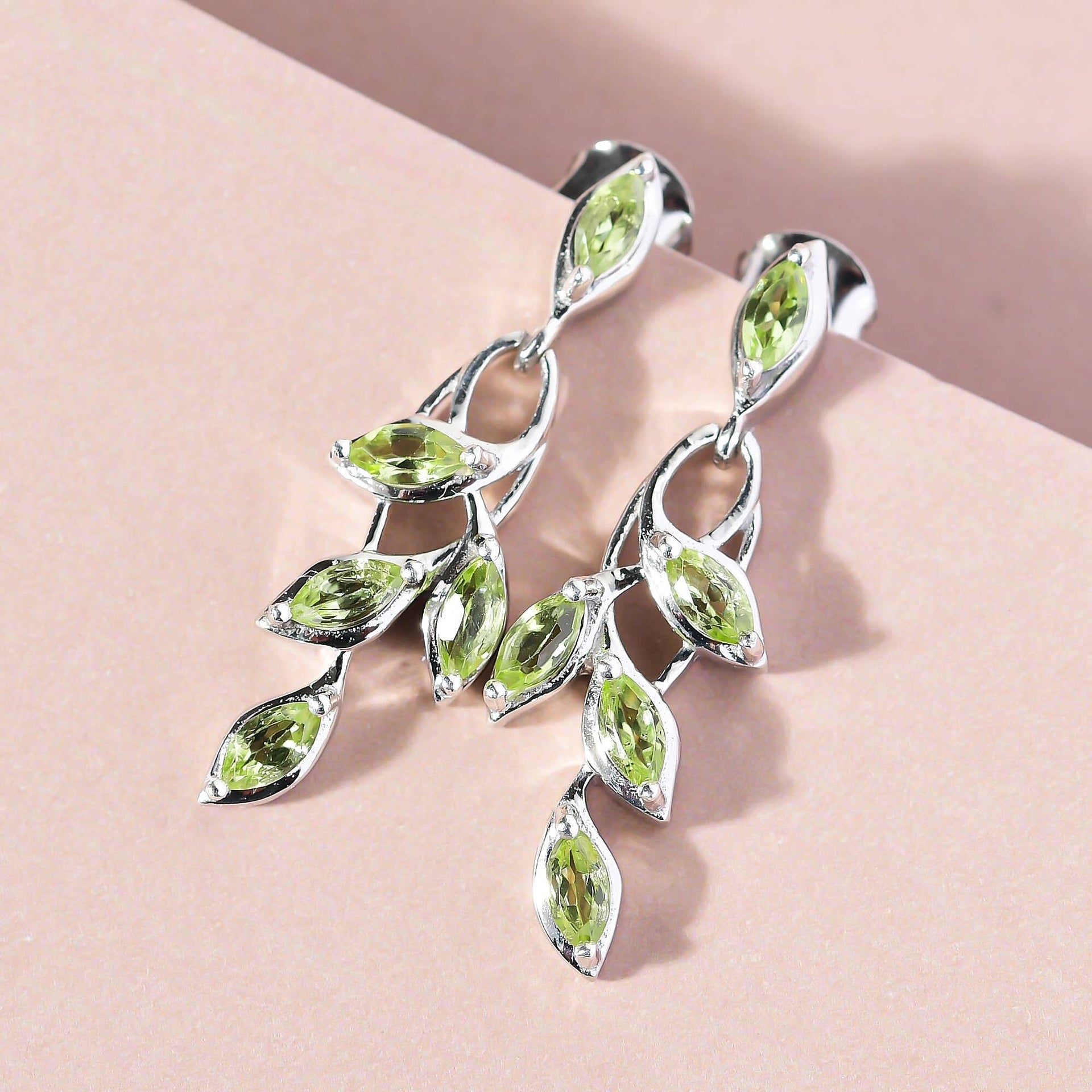 D'Joy - Hebei Peridot Leaf Vine Dangling Earrings with Push Back in Platinum Overlay Sterling Silver 1.63 Ct. 3678853 3