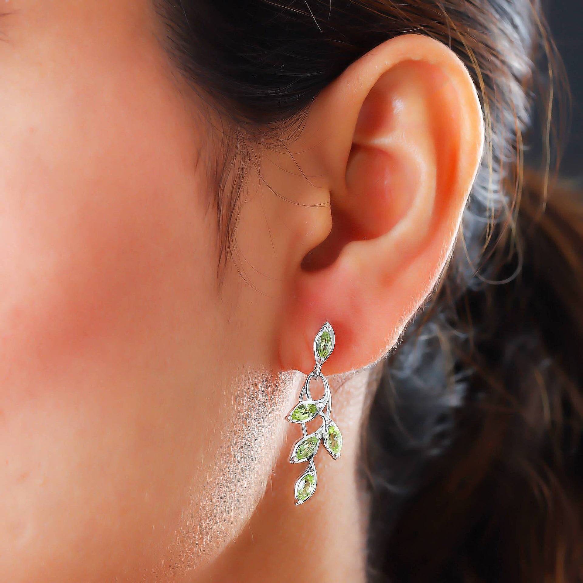 D'Joy - Hebei Peridot Leaf Vine Dangling Earrings with Push Back in Platinum Overlay Sterling Silver 1.63 Ct. 3678853 4