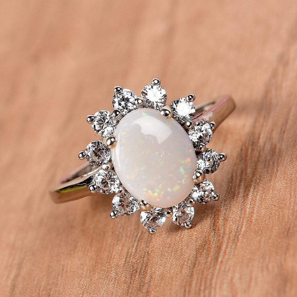 AA Natural Australian Opal and Natural Cambodian Zircon Ring in Platinum Overlay Sterling Silver 1.75 Ct.