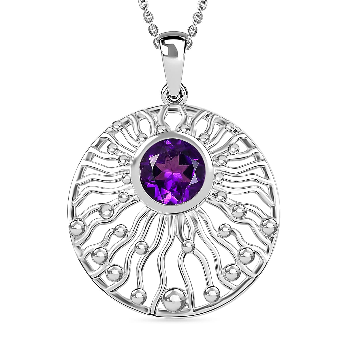 AAA African Amethyst Pendant with Chain (Size - 20) in Rhodium Overlay Sterling Silver 1.40 Ct. 4355091 0