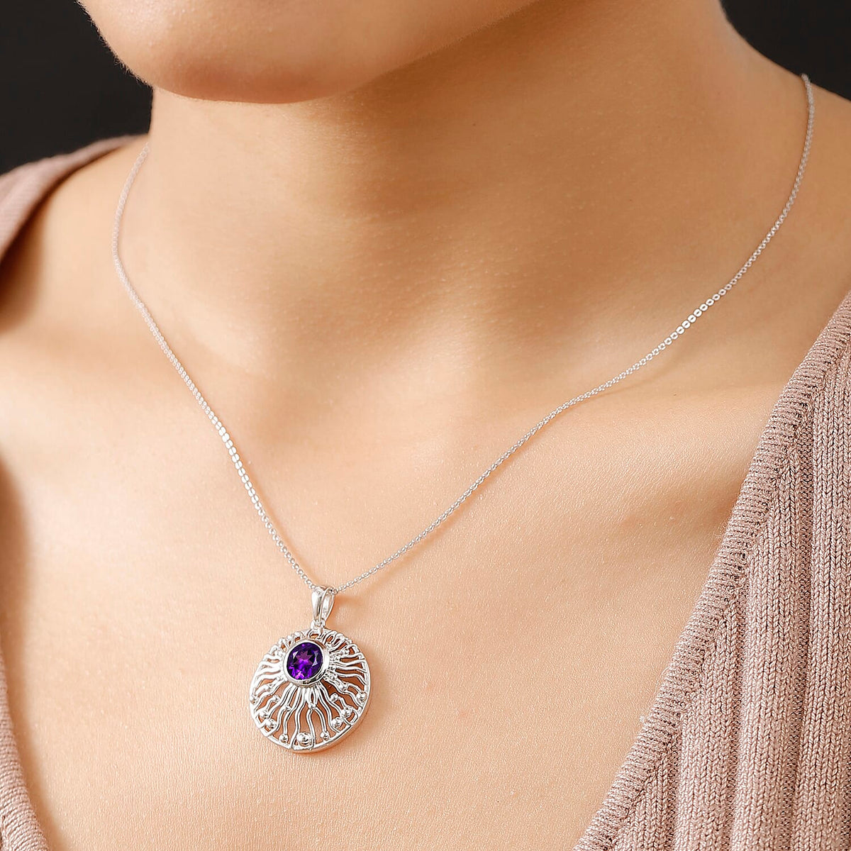 AAA African Amethyst Pendant with Chain (Size - 20) in Rhodium Overlay Sterling Silver 1.40 Ct. 4355091 3