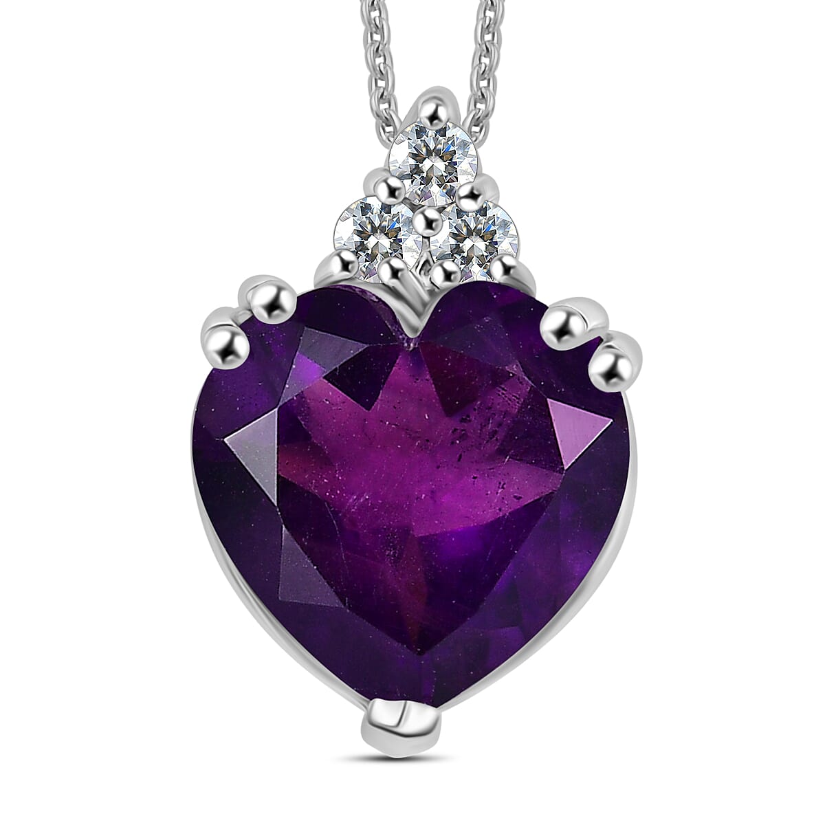 AAA African Amethyst &amp; White Zircon Pendant with Chain (Size - 20) in Rhodium Overlay Sterling Silver 3.23 Ct. 4355093 0