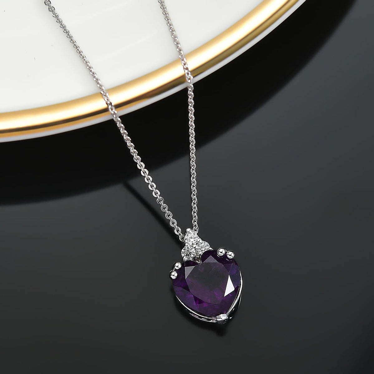 AAA African Amethyst &amp; White Zircon Pendant with Chain (Size - 20) in Rhodium Overlay Sterling Silver 3.23 Ct. 4355093 2