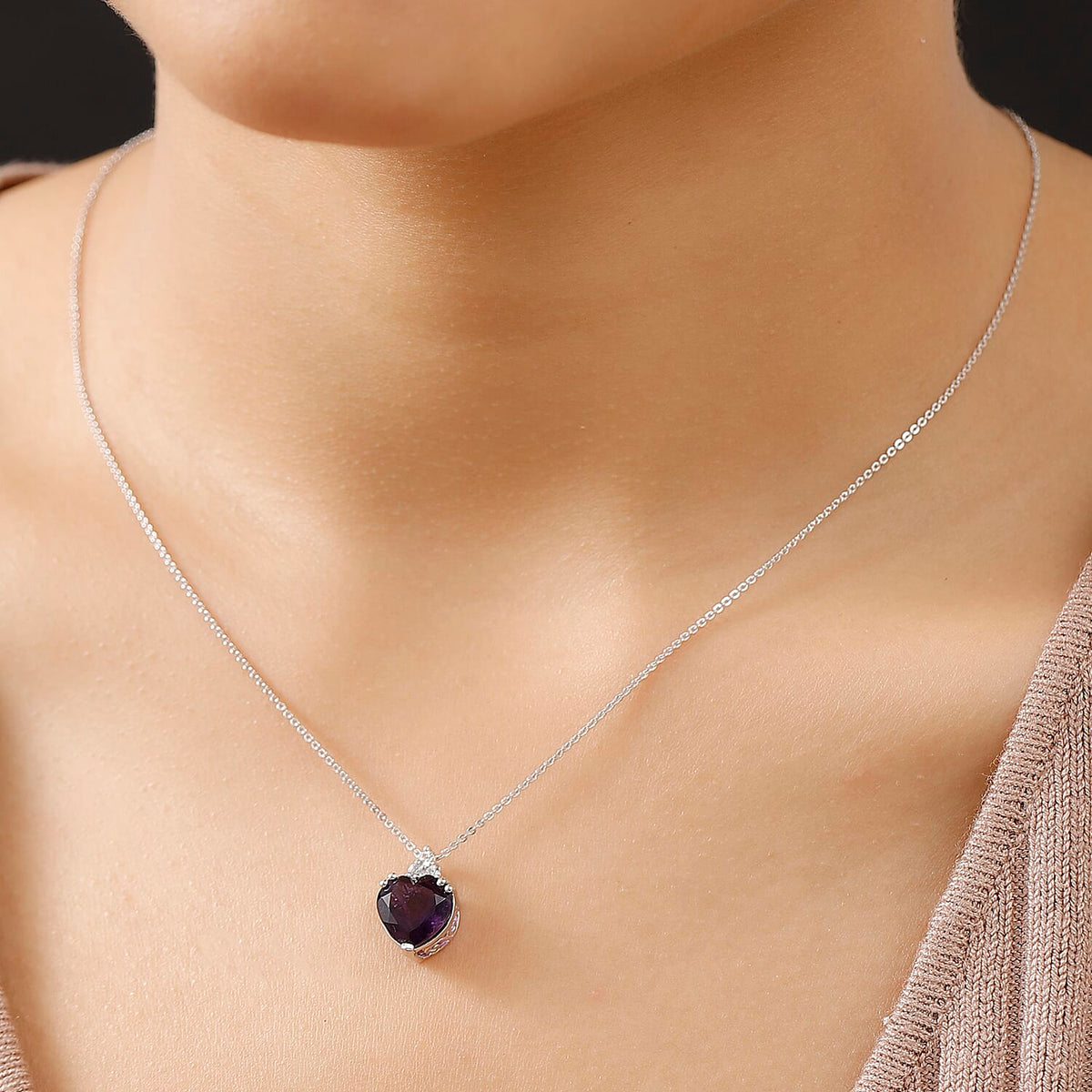 AAA African Amethyst &amp; White Zircon Pendant with Chain (Size - 20) in Rhodium Overlay Sterling Silver 3.23 Ct. 4355093 3