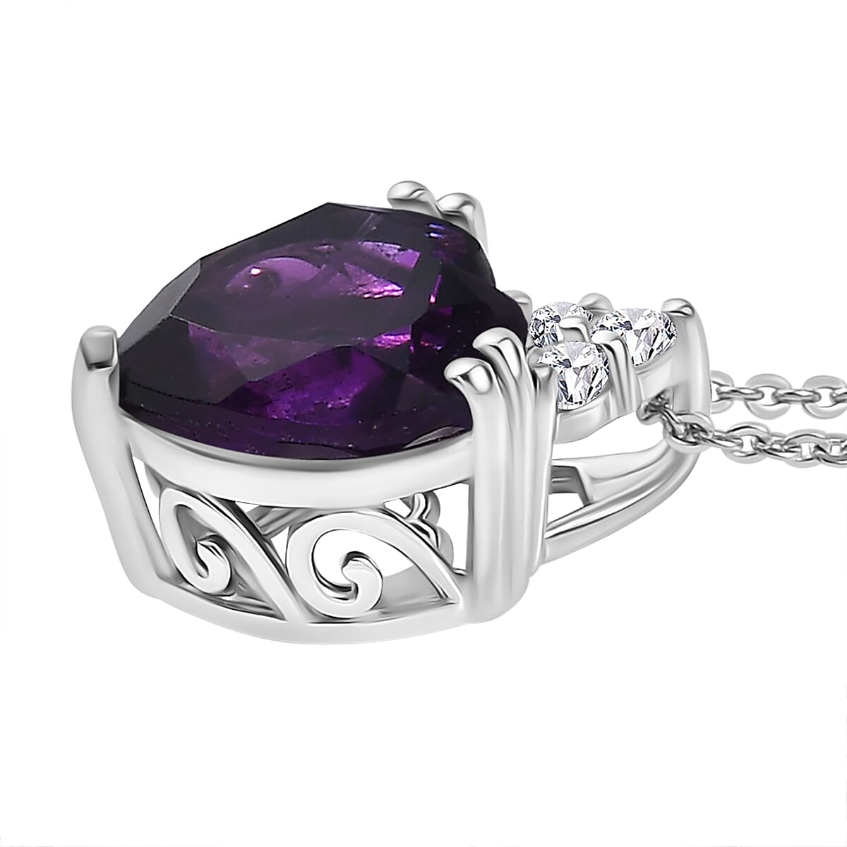 AAA African Amethyst &amp; White Zircon Pendant with Chain (Size - 20) in Rhodium Overlay Sterling Silver 3.23 Ct. 4355093 4