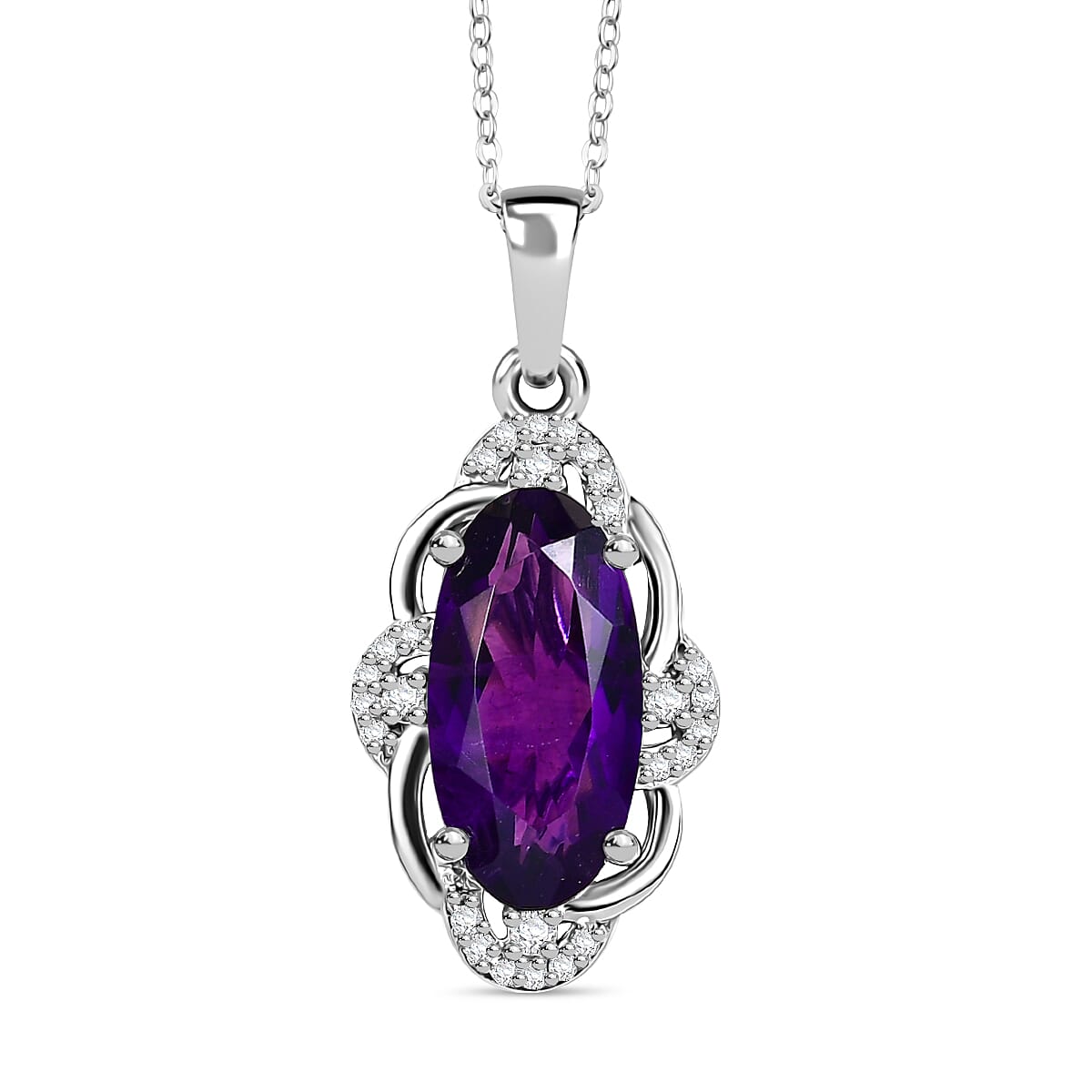 AAA African Amethyst &amp; White Zircon Pendant with Chain (Size - 20) in Rhodium Overlay Sterling Silver 3.52 Ct. 4355559 0