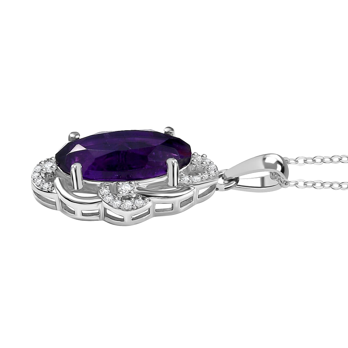 AAA African Amethyst &amp; White Zircon Pendant with Chain (Size - 20) in Rhodium Overlay Sterling Silver 3.52 Ct. 4355559 3