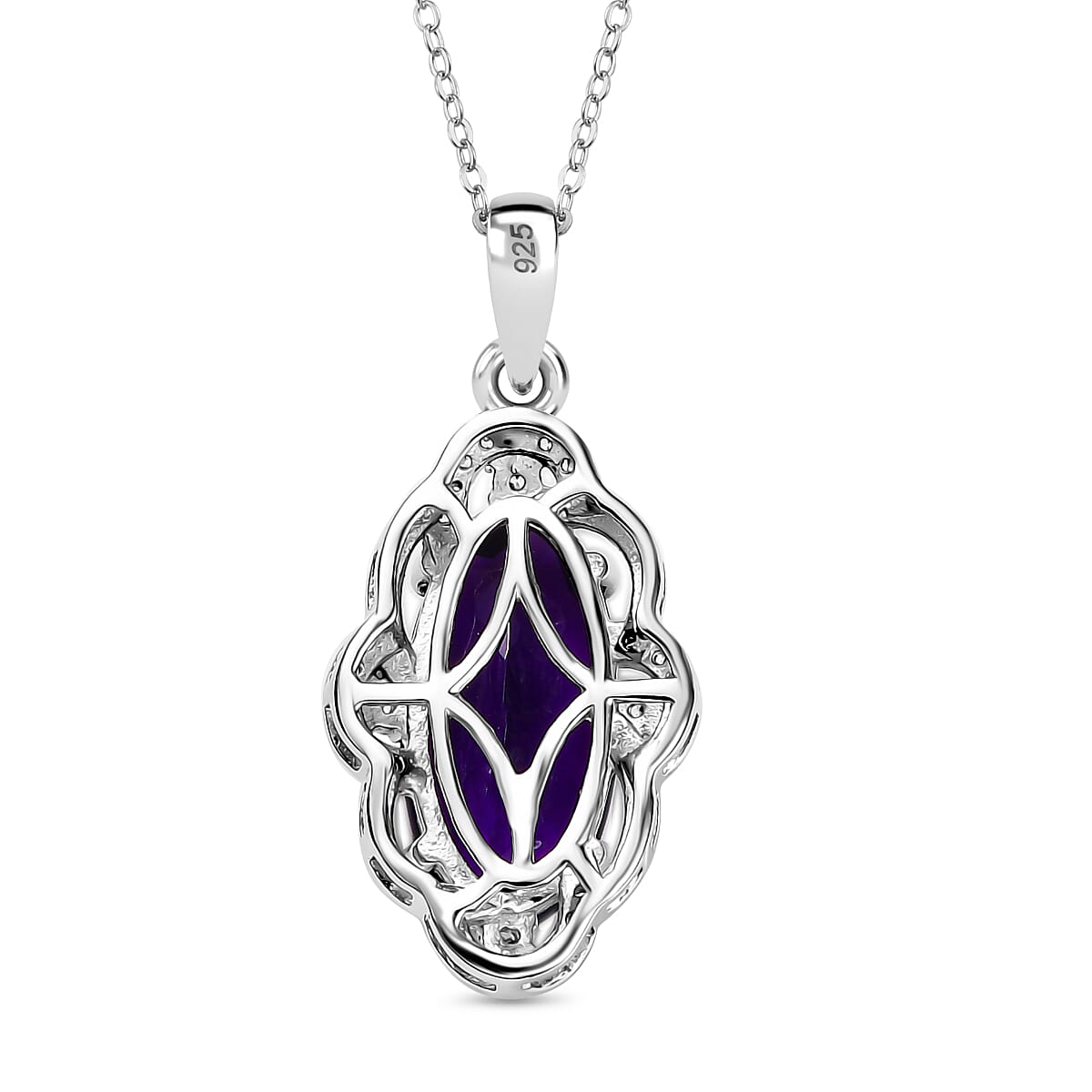 AAA African Amethyst &amp; White Zircon Pendant with Chain (Size - 20) in Rhodium Overlay Sterling Silver 3.52 Ct. 4355559 4