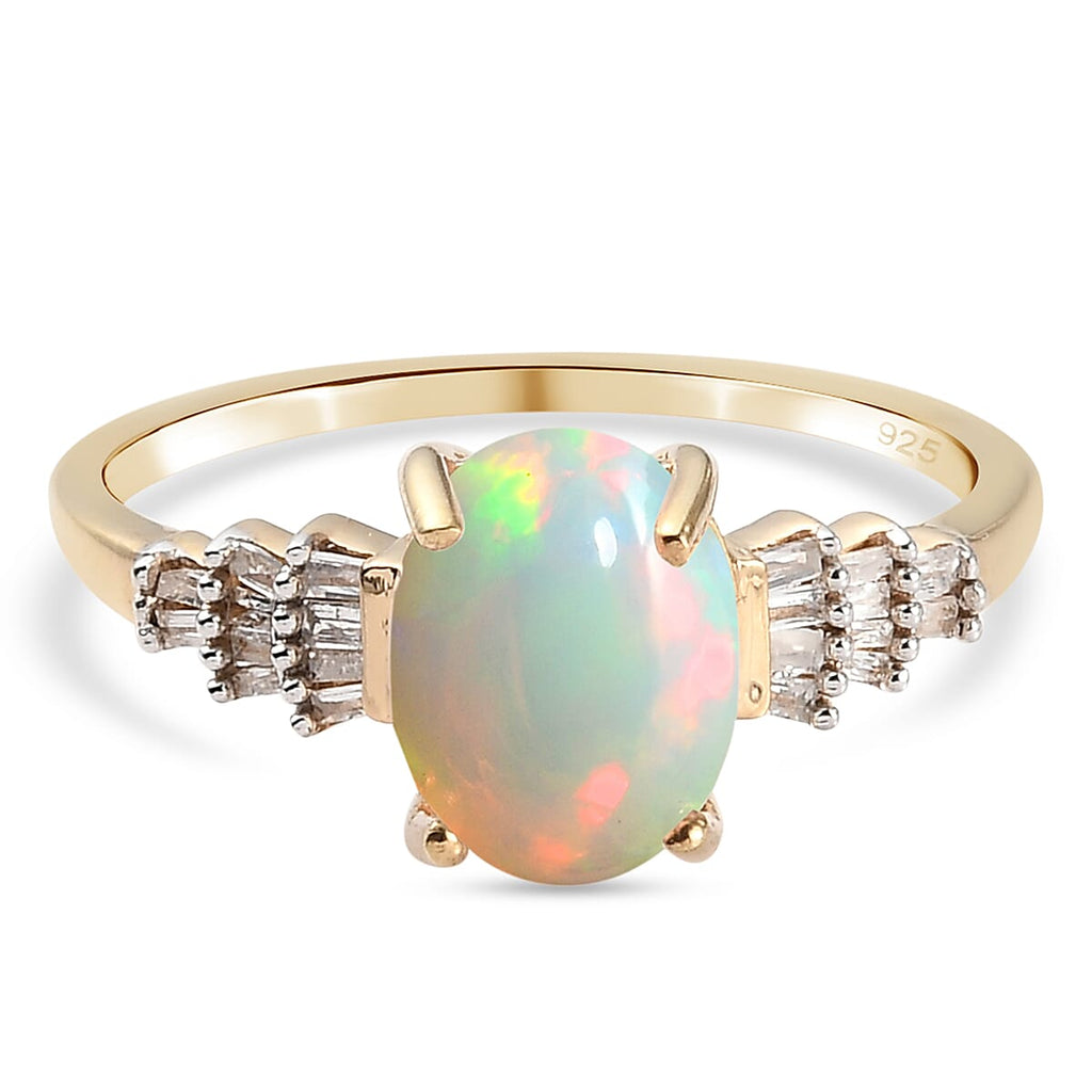 Ethiopian Welo Opal and Diamond Solitaire Ring in 18K Vermeil Yellow Gold Plated Sterling Silver 1.45 Ct.
