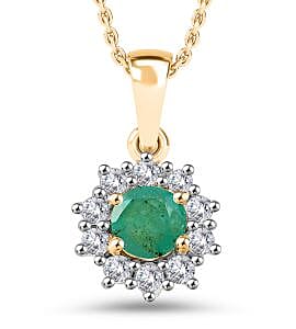 AAA Gemfield Emerald &amp; White Zircon Pendant with Chain (Size 20) in 18K Vermeil Yellow Gold Plated Sterling Silver 4373332 0
