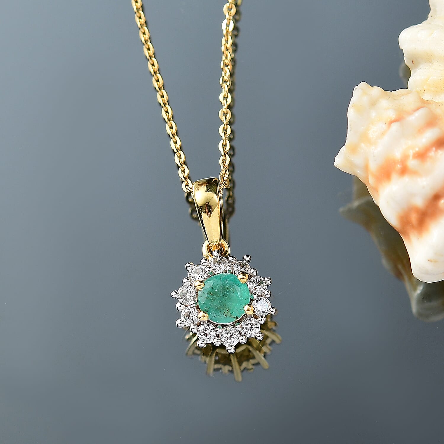 AAA Gemfield Emerald &amp; White Zircon Pendant with Chain (Size 20) in 18K Vermeil Yellow Gold Plated Sterling Silver 4373332 3
