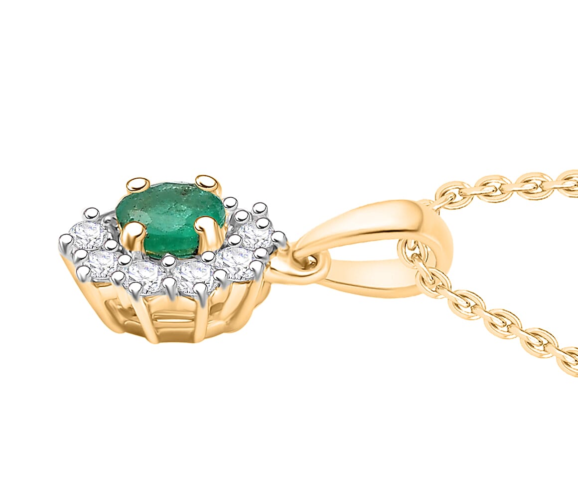 AAA Gemfield Emerald &amp; White Zircon Pendant with Chain (Size 20) in 18K Vermeil Yellow Gold Plated Sterling Silver 4373332 4