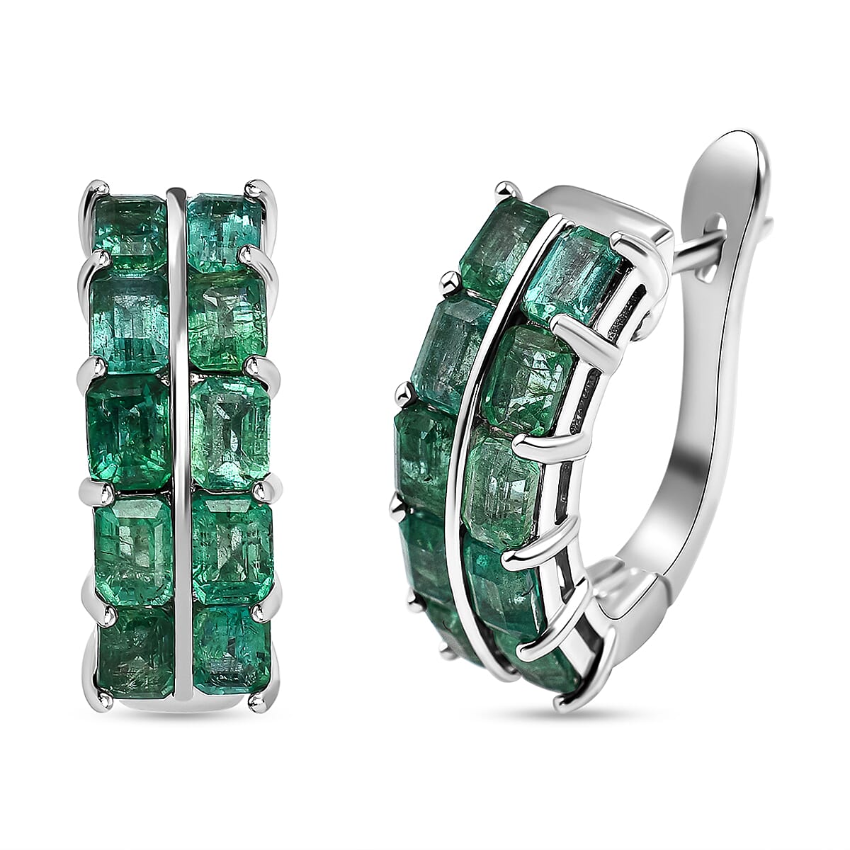 AAA Gemfields Emerald Hoop Earrings in Rhodium Overlay Sterling Silver 4.13 Ct, Silver Wt. 6.37 Gms 7527177 0