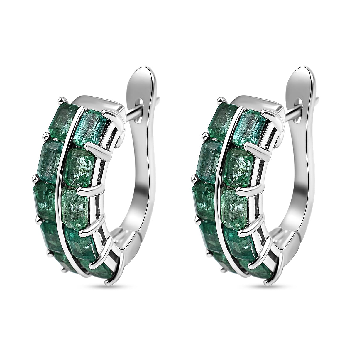 AAA Gemfields Emerald Hoop Earrings in Rhodium Overlay Sterling Silver 4.13 Ct, Silver Wt. 6.37 Gms 7527177 3