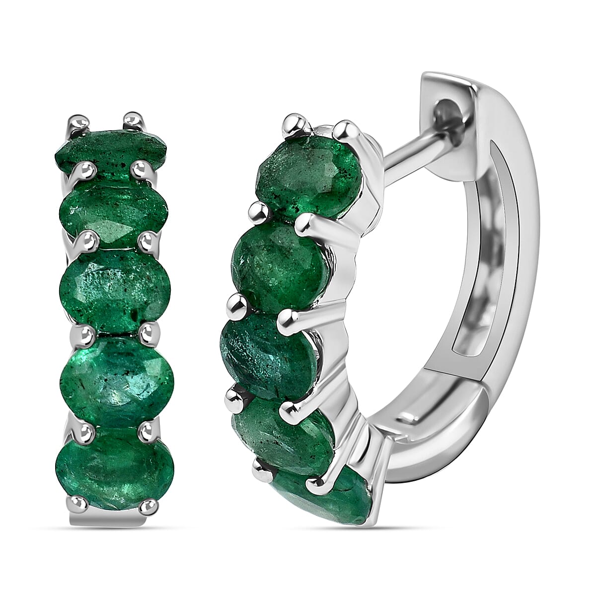 AAA Gemfields Emerald Hoop Earrings in Rhodium Overlay Sterling Silver 1.56 Ct 7527207 0