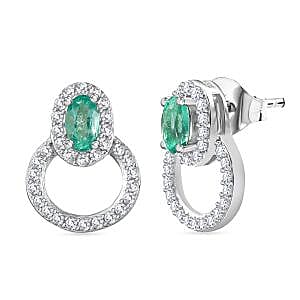 AAA Gemfields Emerald &amp; White Zircon Earring with Push Back in Rhodium Overlay Sterling Silver 1.04 Ct. 8109995 0