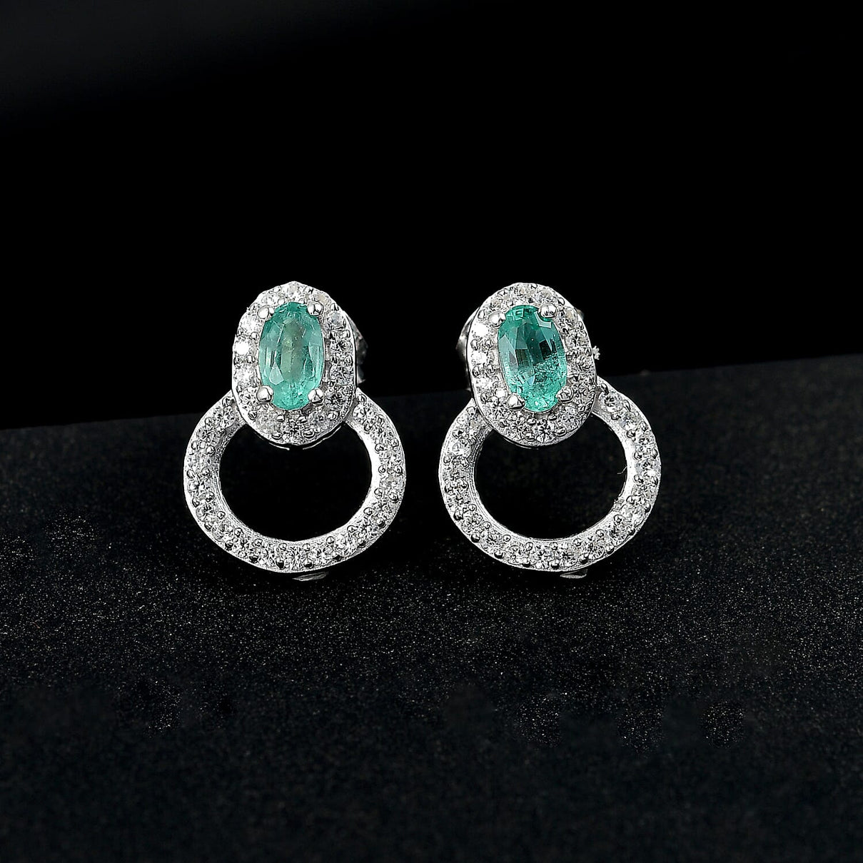 AAA Gemfields Emerald &amp; White Zircon Earring with Push Back in Rhodium Overlay Sterling Silver 1.04 Ct. 8109995 2