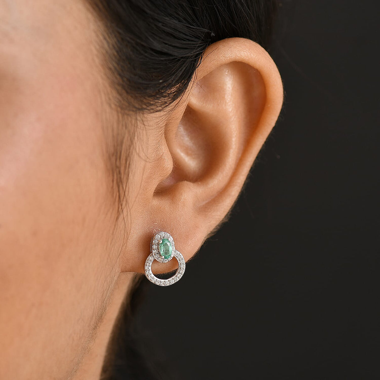 AAA Gemfields Emerald &amp; White Zircon Earring with Push Back in Rhodium Overlay Sterling Silver 1.04 Ct. 8109995 3