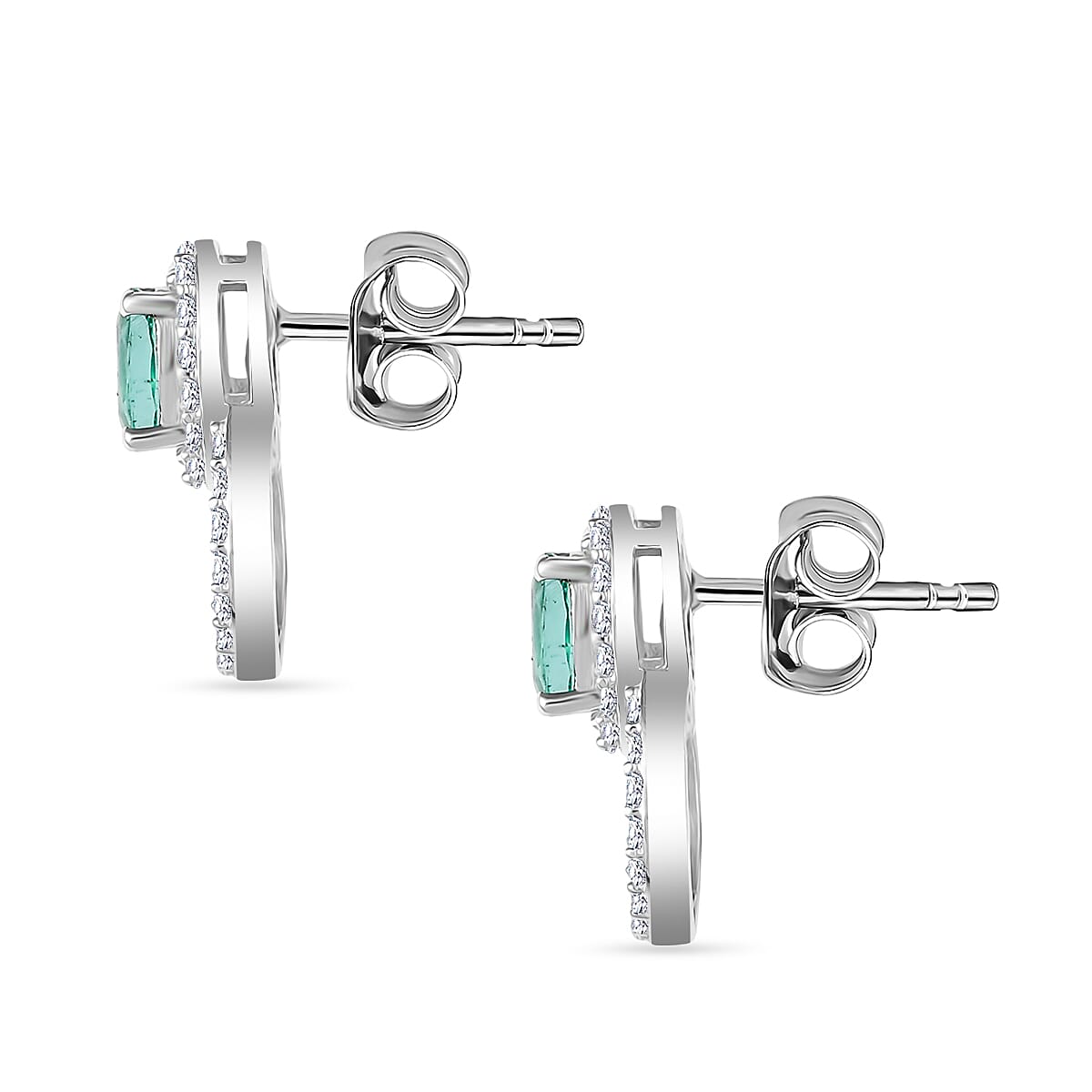 AAA Gemfields Emerald &amp; White Zircon Earring with Push Back in Rhodium Overlay Sterling Silver 1.04 Ct. 8109995 4