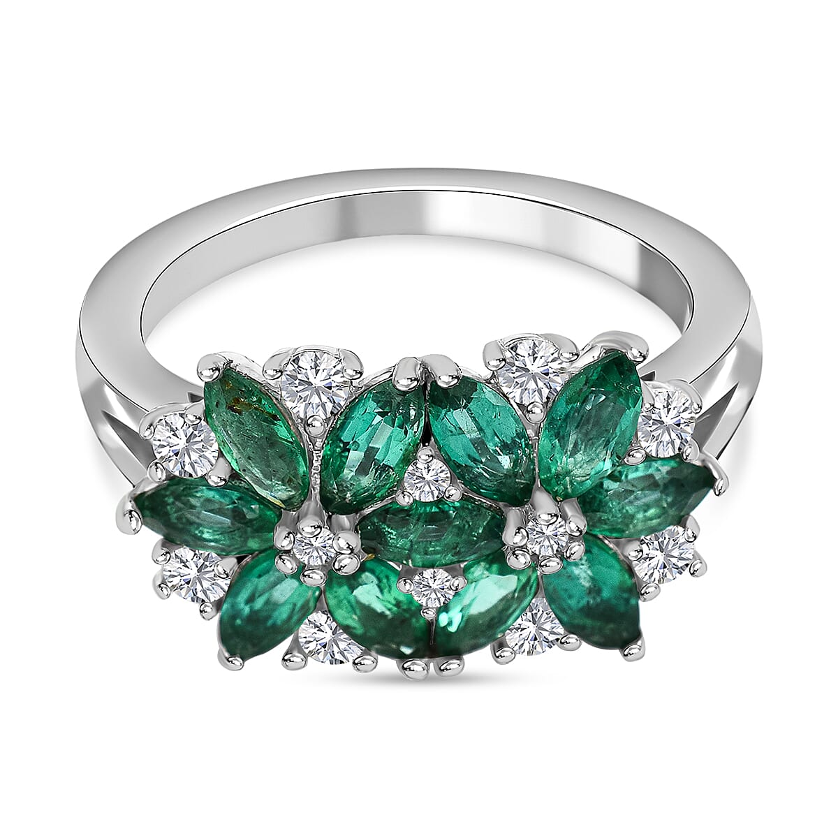 AAA Gemfields Emerald and Natural Cambodian Zircon Cluster Ring in Rhodium Overlay Sterling Silver 1.92 Ct. 7317782 0