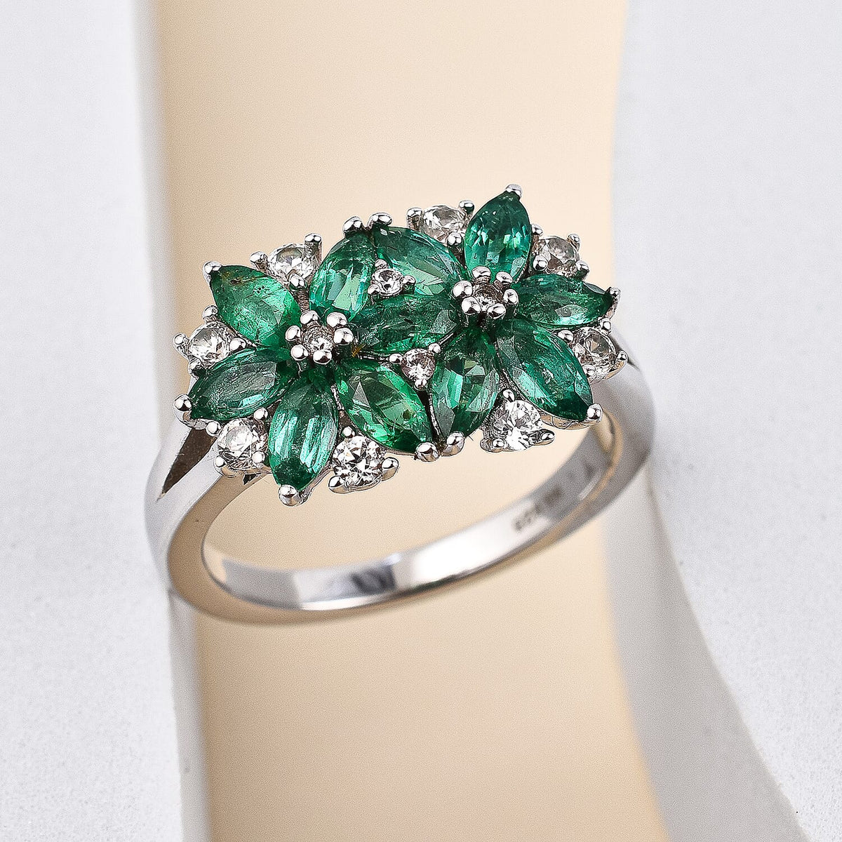 AAA Gemfields Emerald and Natural Cambodian Zircon Cluster Ring in Rhodium Overlay Sterling Silver 1.92 Ct. 7317782 1