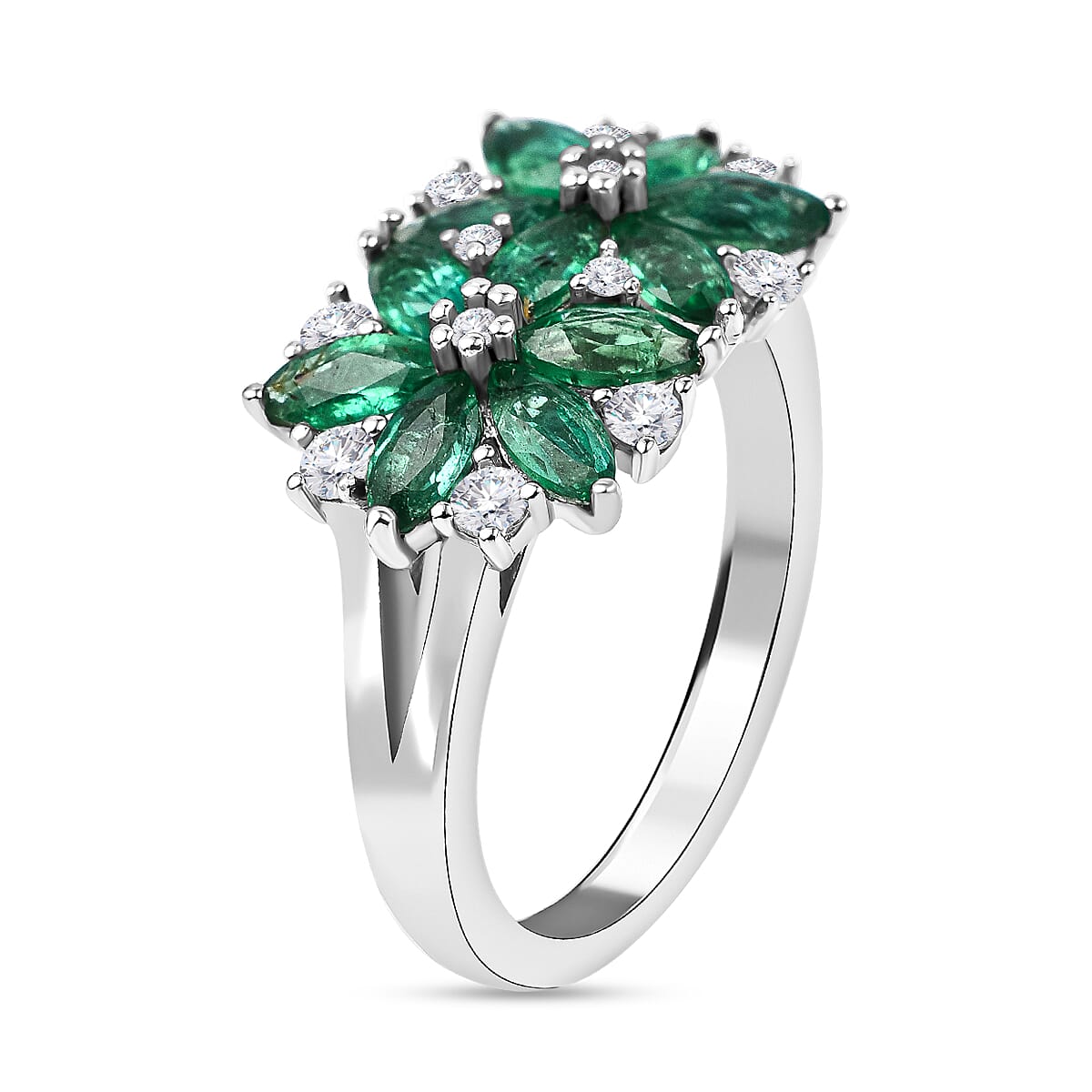 AAA Gemfields Emerald and Natural Cambodian Zircon Cluster Ring in Rhodium Overlay Sterling Silver 1.92 Ct. 7317782 3