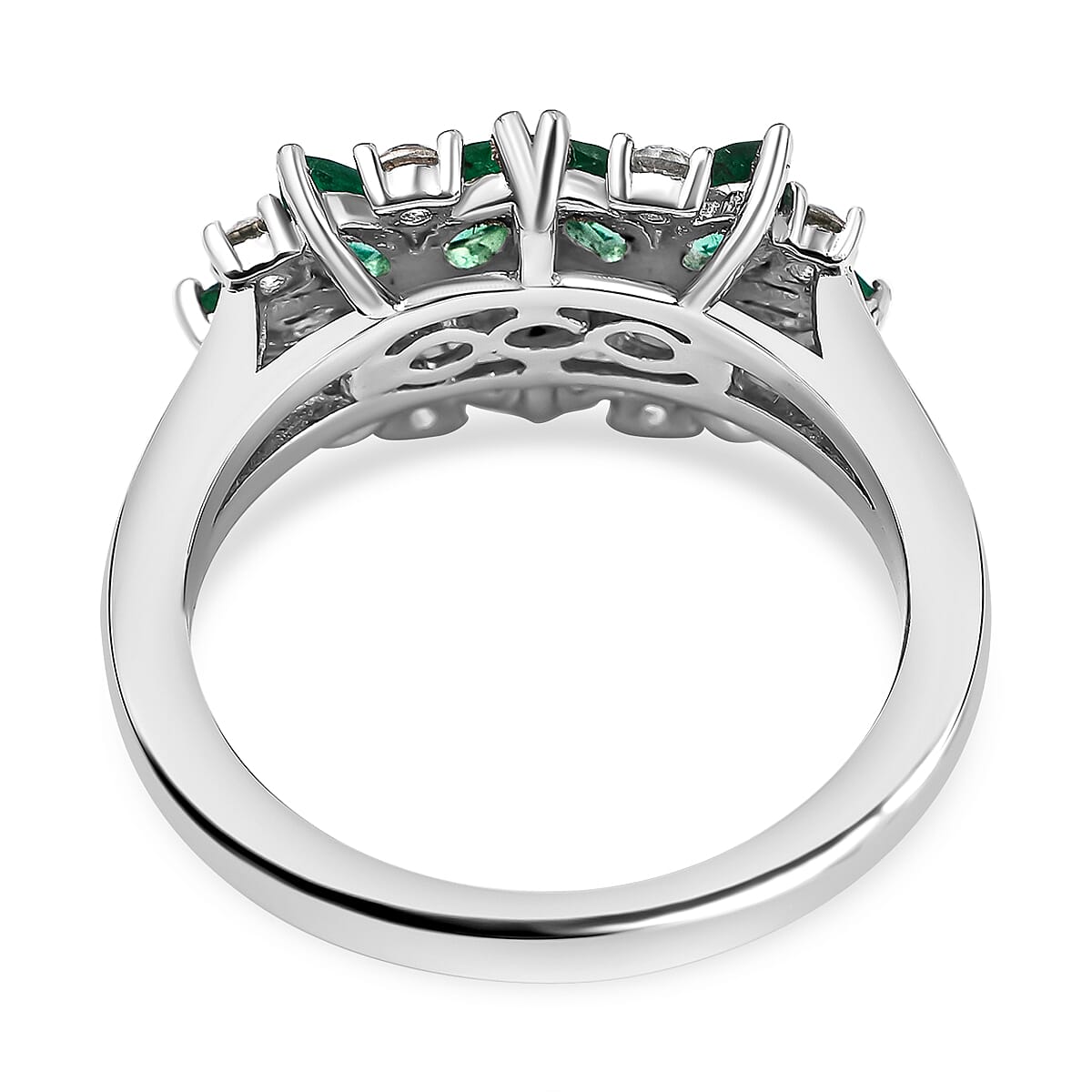 AAA Gemfields Emerald and Natural Cambodian Zircon Cluster Ring in Rhodium Overlay Sterling Silver 1.92 Ct. 7317782 4