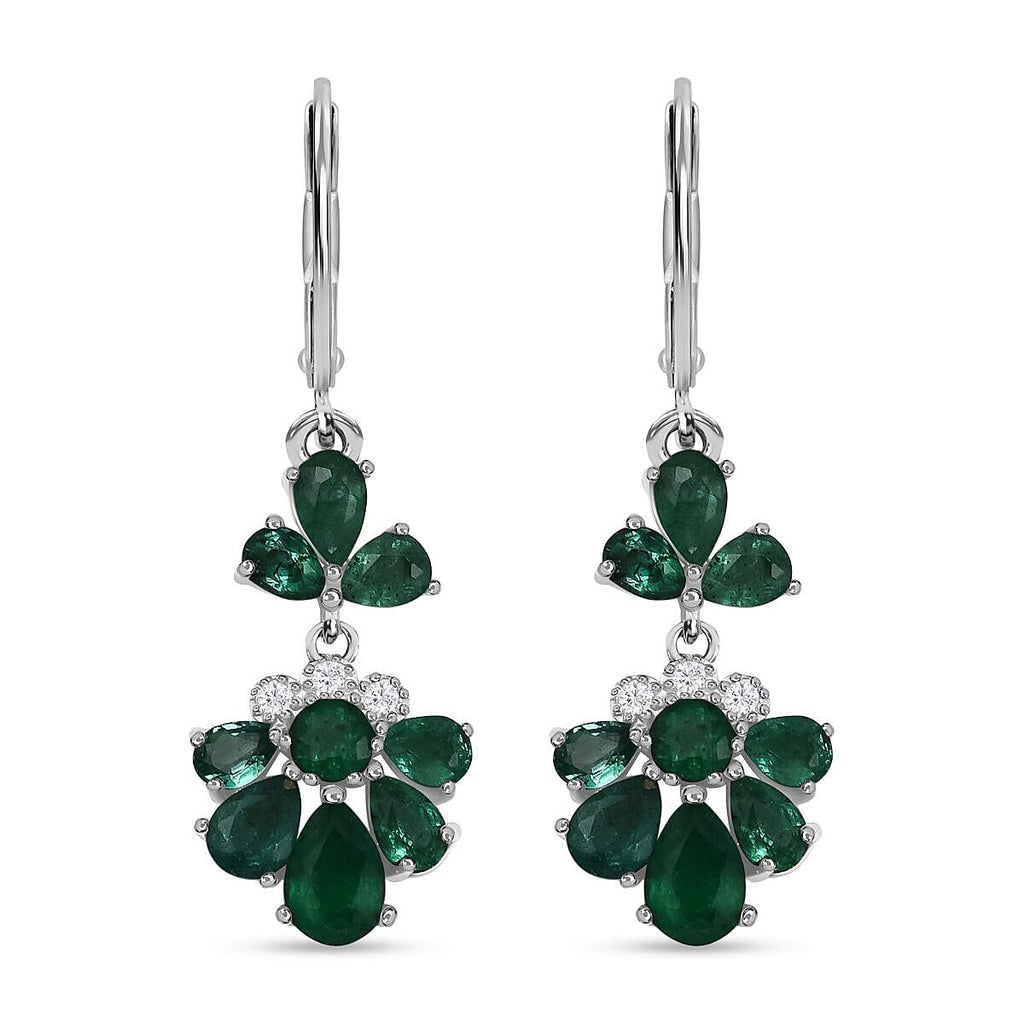AAA Gemfields Emerald and Natural Zircon Dangle Earrings in Rhodium Overlay Sterling Silver 3.45 Ct.