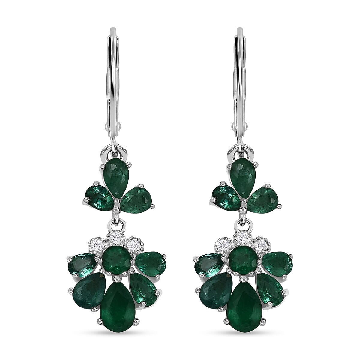AAA Gemfields Emerald and Natural Zircon Dangle Earrings in Rhodium Overlay Sterling Silver 3.45 Ct. 7317774 0