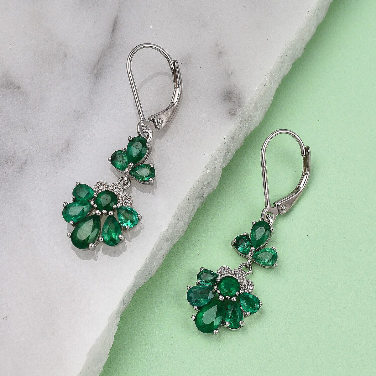 AAA Gemfields Emerald and Natural Zircon Dangle Earrings in Rhodium Overlay Sterling Silver 3.45 Ct. 7317774 1