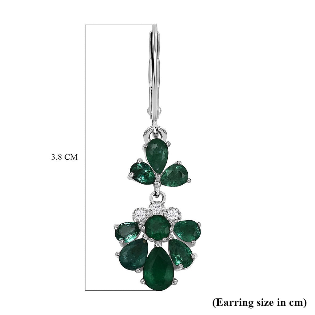 AAA Gemfields Emerald and Natural Zircon Dangle Earrings in Rhodium Overlay Sterling Silver 3.45 Ct.