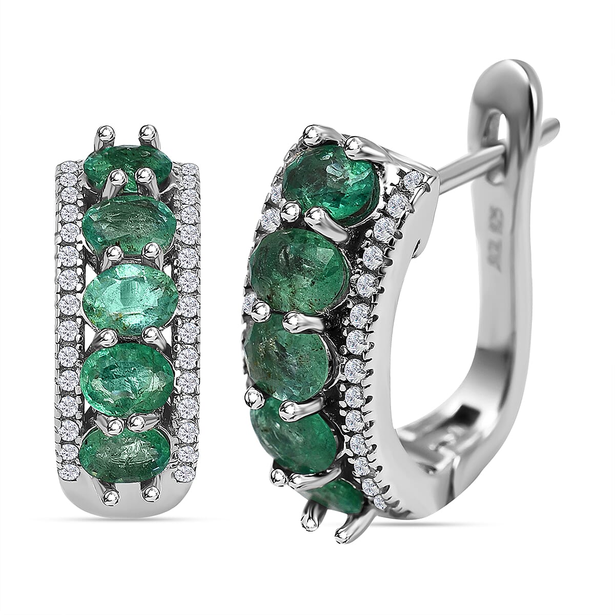 AAA Gemfields Emerald and Natural Zircon Hoop Earrings in Rhodium Overlay Sterling Silver 1.93 Ct 7527187 0