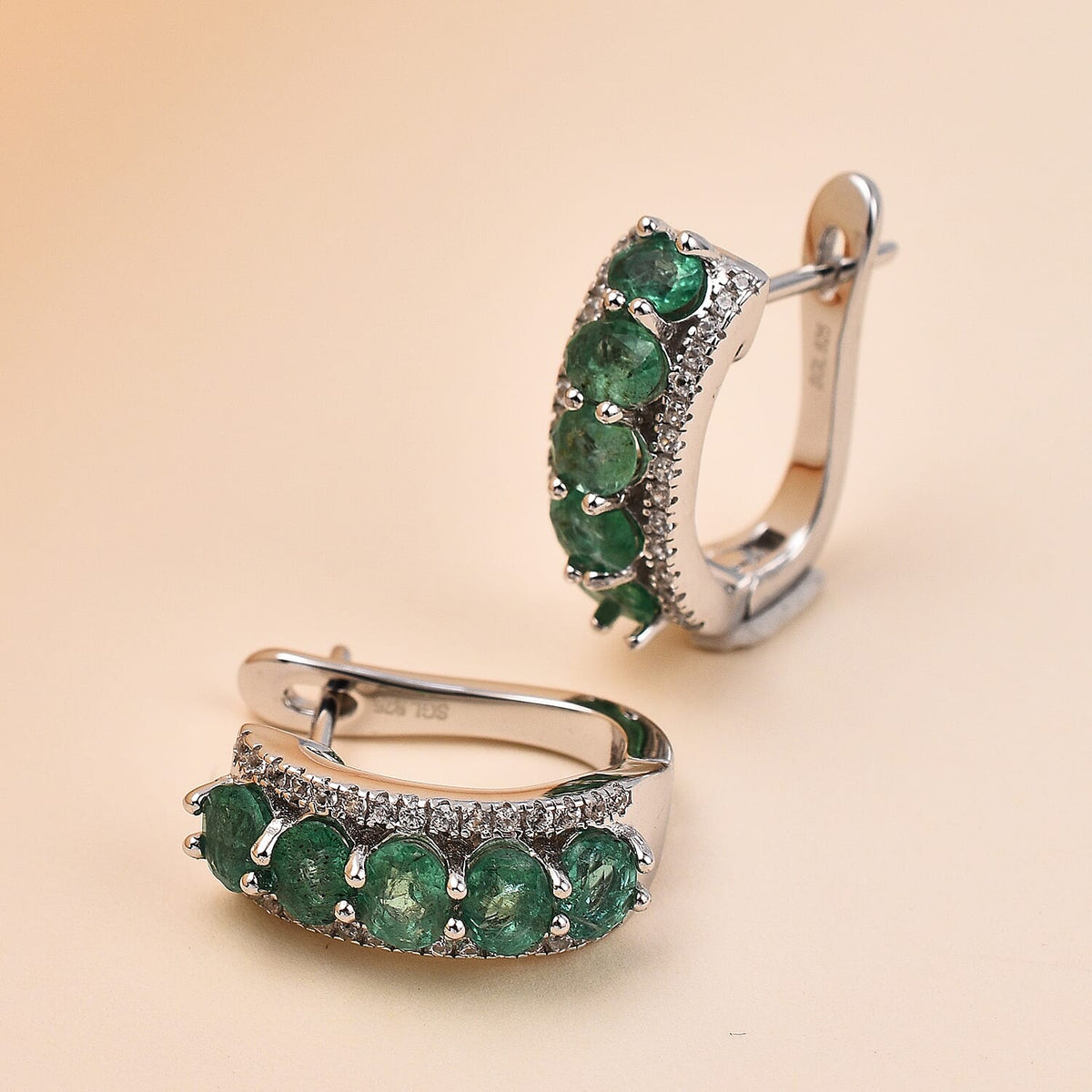AAA Gemfields Emerald and Natural Zircon Hoop Earrings in Rhodium Overlay Sterling Silver 1.93 Ct 7527187 1