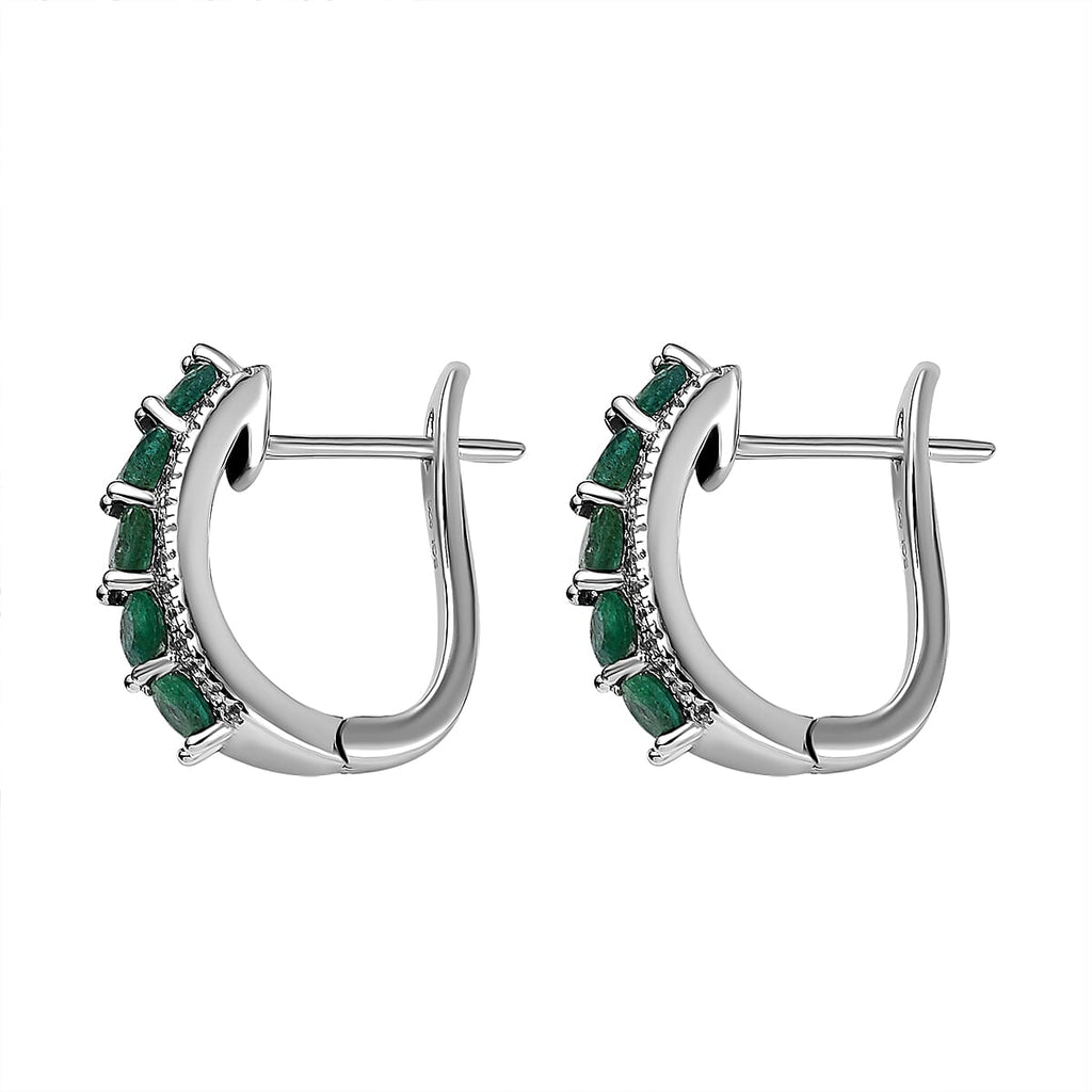 AAA Gemfields Emerald and Natural Zircon Hoop Earrings in Rhodium Overlay Sterling Silver 1.93 Ct