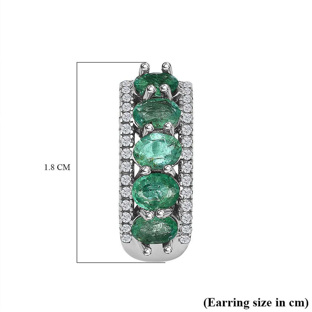 AAA Gemfields Emerald and Natural Zircon Hoop Earrings in Rhodium Overlay Sterling Silver 1.93 Ct