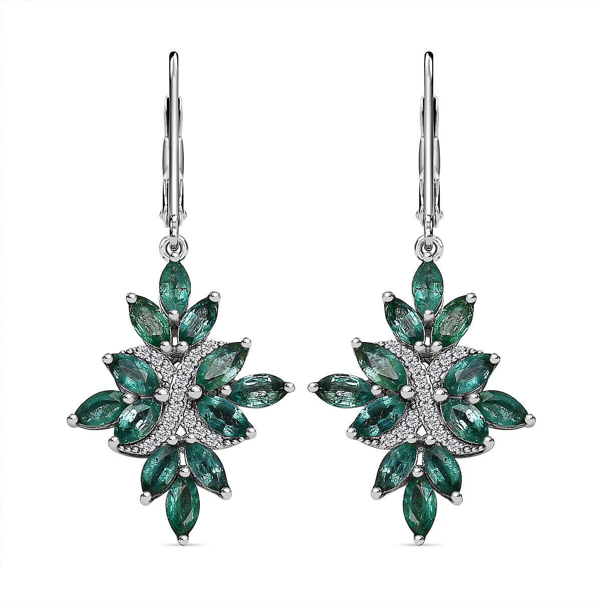 AAA Gemfields Emerald and Natural Zircon Floral Earrings in Rhodium Overlay Sterling Silver 3.30 Ct. 7317771 0